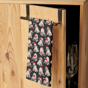 Pugs in Santa Hats Christmas Pattern Tea Towel