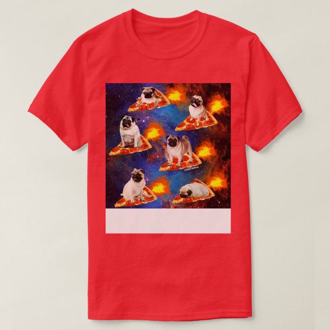 Pugs in Space Riding Pizza T-Shirt (Design Front)