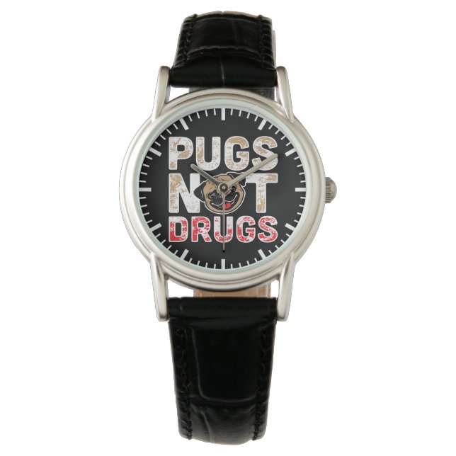 Pugs Not Drugs - Cute, Funny, Novelty Dog Cartoon Watch (Front)