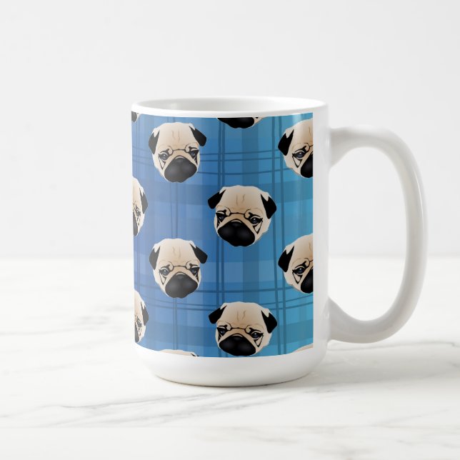Pugs on Blue Gradient Plaid Coffee Mug (Right)