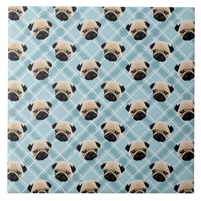 Pugs on Blue Plaid Tile (Front)