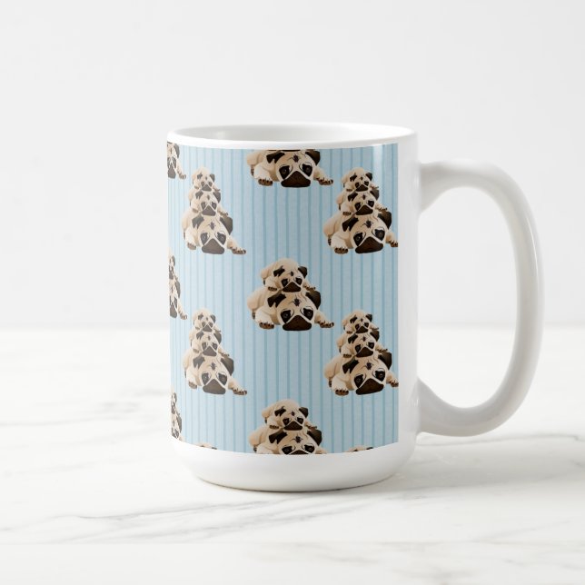 Pugs on Blue Stripes Coffee Mug (Right)