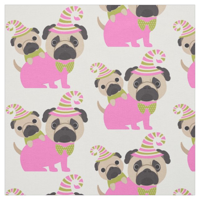 Pugs - Pink and Green Fabric (Swatch)