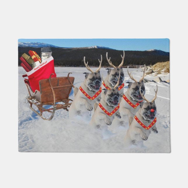 Pugs Pulling Christmas Sleigh Door Mat (Front)