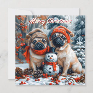 Pugs with Snowman Christmas Card