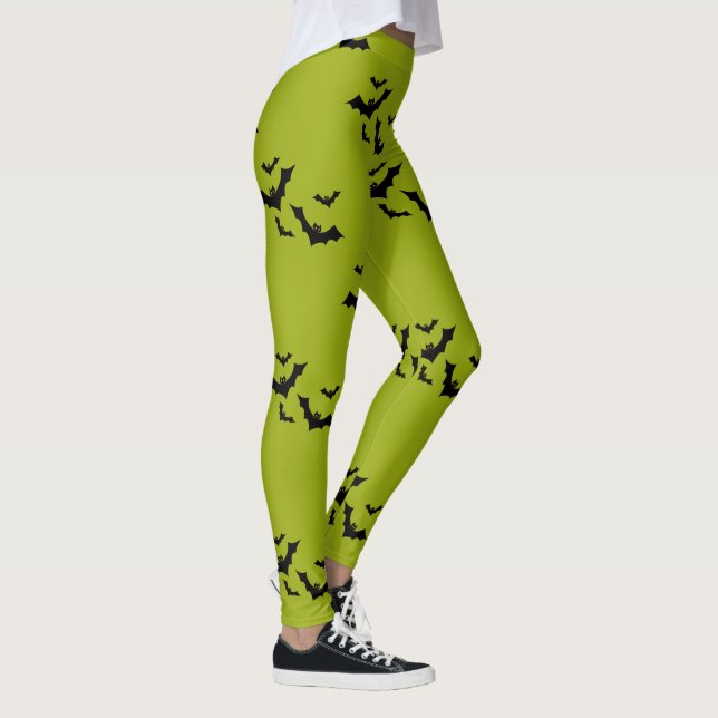 Puke Green Flying Bats Halloween Leggings (Right)