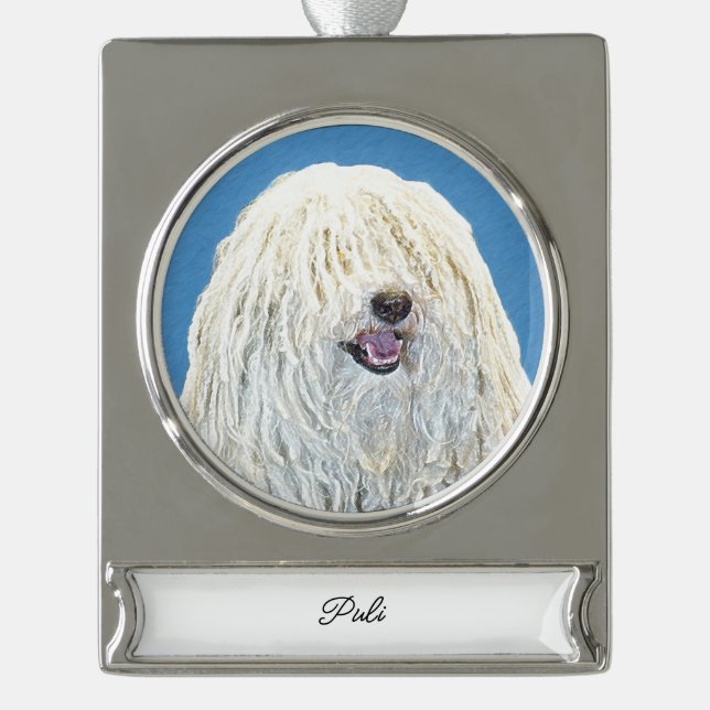Puli Painting - Cute Original Dog Art Silver Plate Plated Banner Ornament (Front)