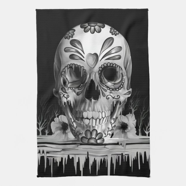 Pulled sugar, melting sugar skull tea towel (Vertical)