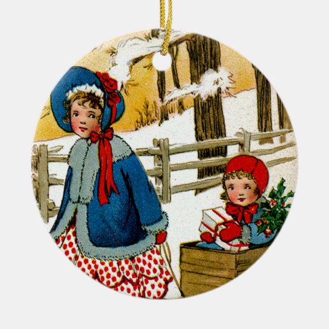 Pulling the Sled Ceramic Ornament (Front)