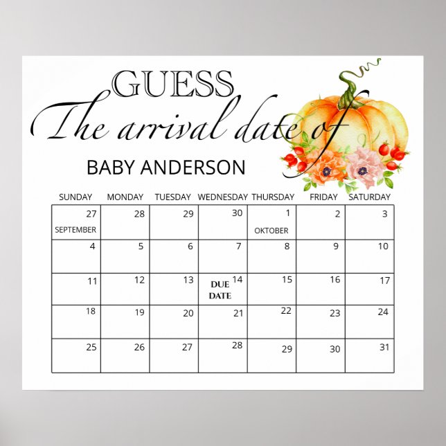 Pumkin Baby Shower Guess Due Date Calendar  Poster (Front)