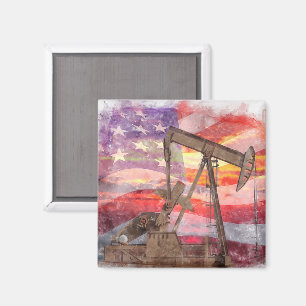 Pumpjack silhouette pastel drawing American Flag Magnet