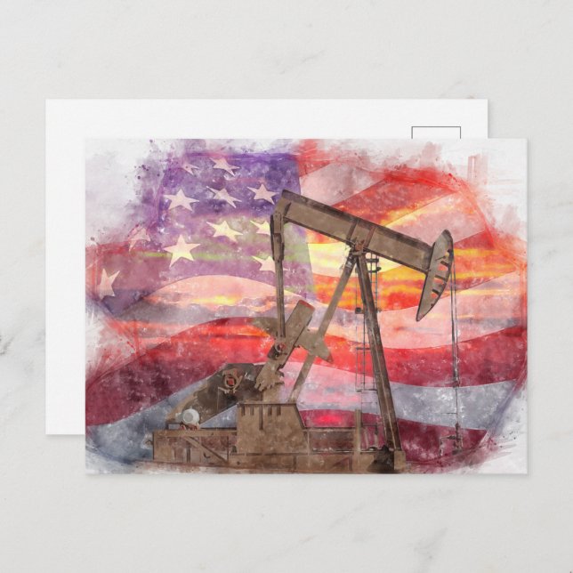 Pumpjack silhouette pastel drawing American Flag Postcard (Front/Back)