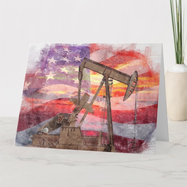 Pumpjack silhouette pastel drawing American Flag Thank You Card (Front)