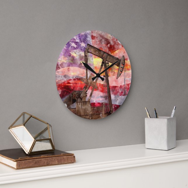 Pumpjack silhouette watercolor with American Flag Large Clock (Office)