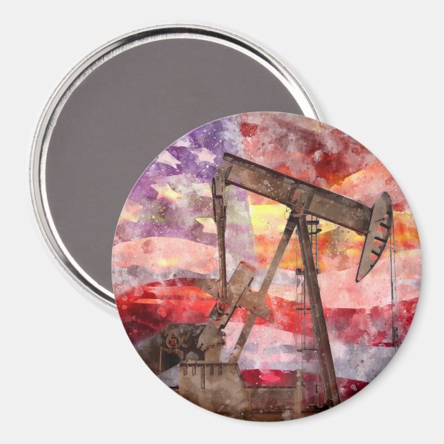 Pumpjack silhouette watercolor with American Flag Magnet (Front/Back)