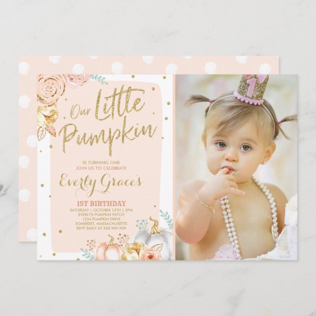 Pumpkin 1st Birthday Invitation Blush Pink Gold (Front/Back)