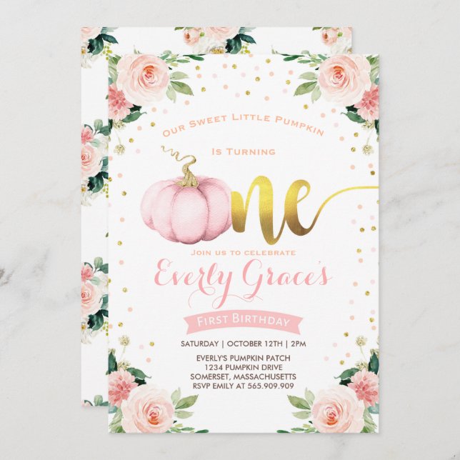 Pumpkin 1st Birthday Invitation Blush Pink Gold (Front/Back)