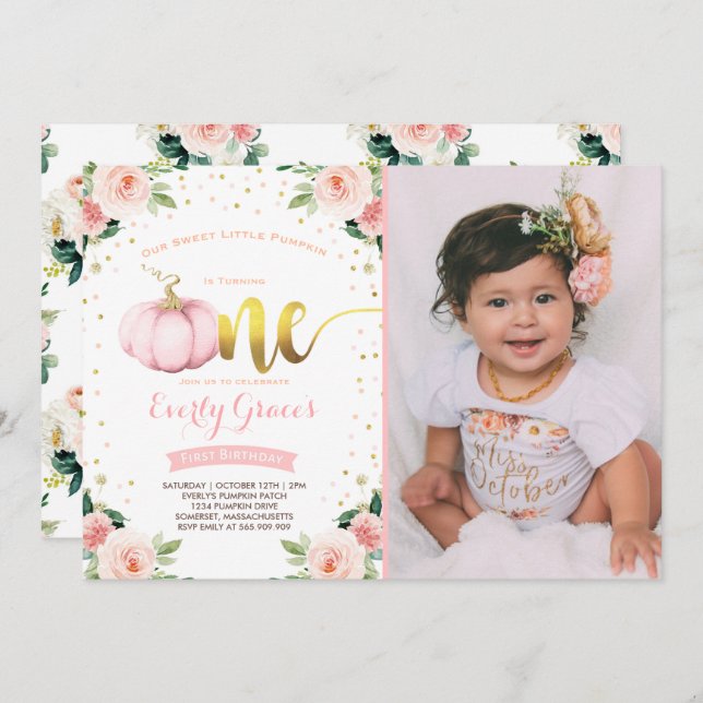 Pumpkin 1st Birthday Invitation Blush Pink Gold (Front/Back)