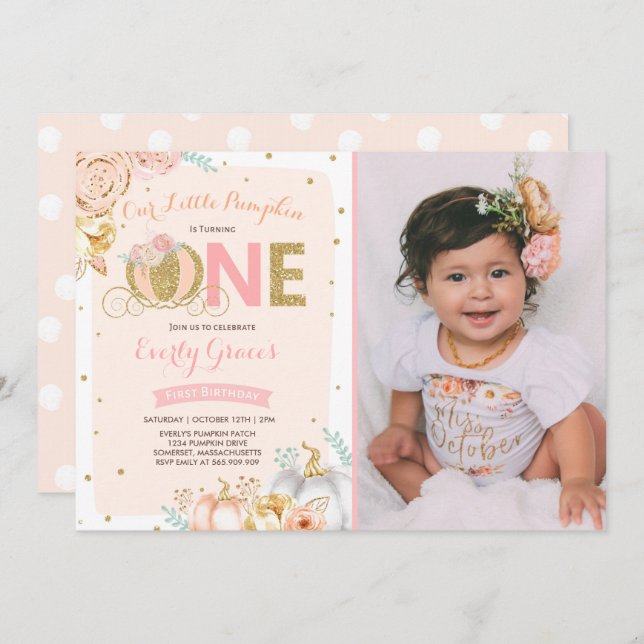 Pumpkin 1st Birthday Invitation Blush Pink Gold (Front/Back)