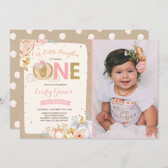 Pumpkin 1st Birthday Invitation Rustic Pink Gold (Front/Back)