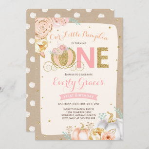 Pumpkin 1st Birthday Invitation Rustic Pink Gold