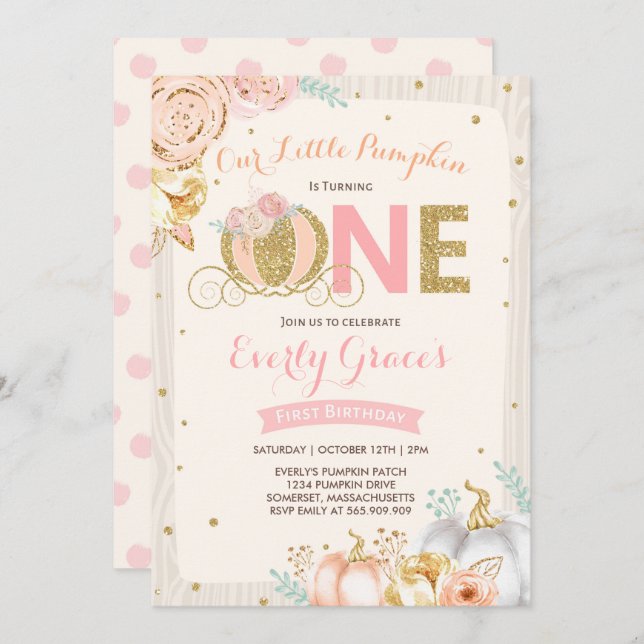 Pumpkin 1st Birthday Invitation Rustic Pink Gold (Front/Back)