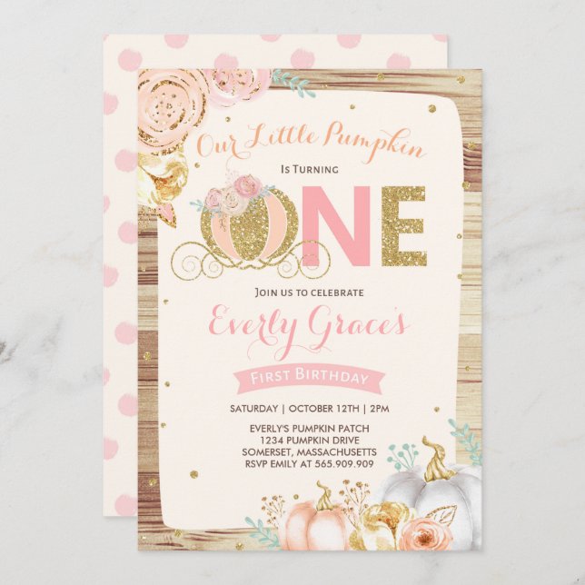 Pumpkin 1st Birthday Invitation Rustic Pink Gold (Front/Back)