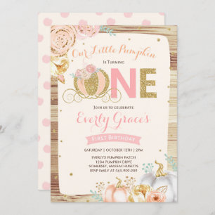 Pumpkin 1st Birthday Invitation Rustic Pink Gold