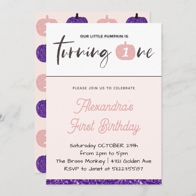 Pumpkin 1st Birthday Invitations Girl Pink Purple  (Front/Back)