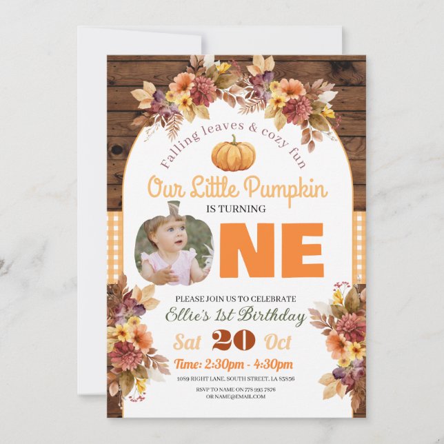 Pumpkin 1st Birthday Little Photo One Autumn Fall Invitation (Front)