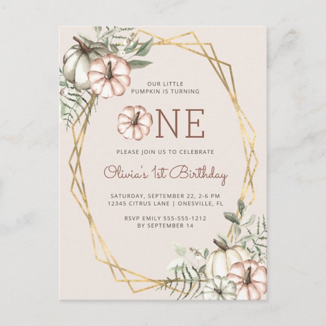 Pumpkin 1st Birthday Party Beige Postcard (Front)