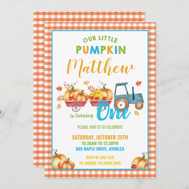 Pumpkin 1st Birthday Party Harvest Truck Boy Invitation (Front/Back)