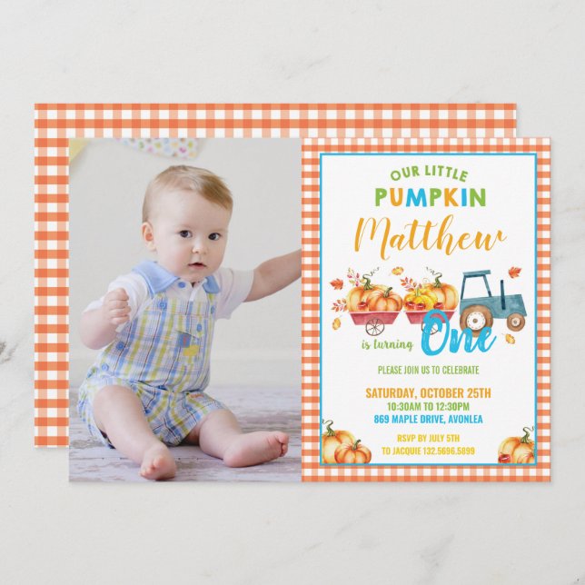 Pumpkin 1st Birthday Party Harvest Truck Boy Photo Invitation (Front/Back)