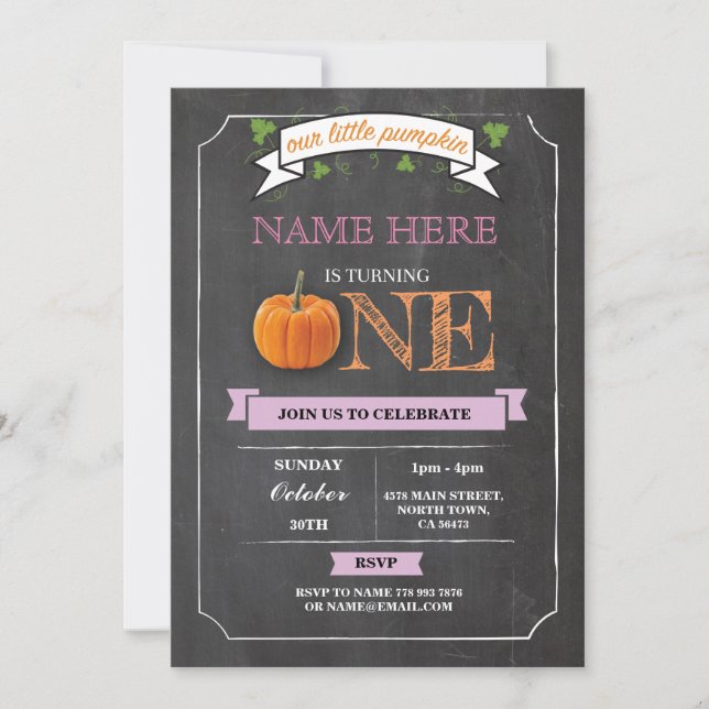 Pumpkin 1st First One Birthday Party Chalk Invite (Front)