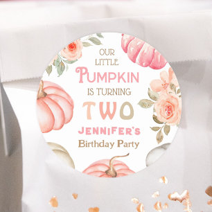 Pumpkin 2nd Birthday Bold Pink Girl Floral Party Classic Round Sticker