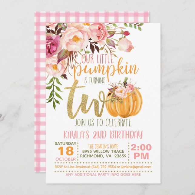 Pumpkin 2ND Birthday Invitation - Floral Plaid (Front/Back)