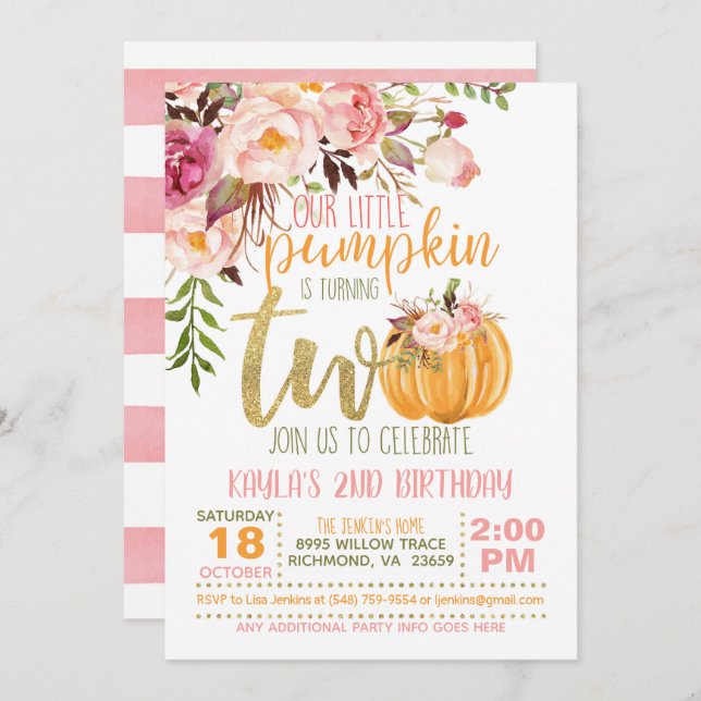 Pumpkin 2ND Birthday Invitation - Floral Stripes (Front/Back)