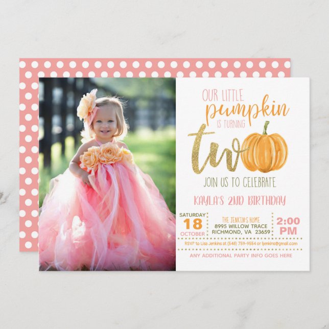 Pumpkin 2nd Birthday Invitation for Girl w/Photo 2 (Front/Back)