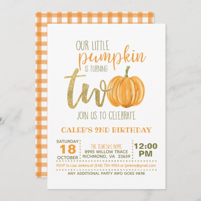 Pumpkin 2ND Birthday Invitation - Orange Plaid (Front/Back)