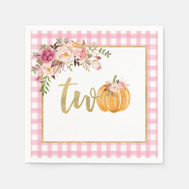 Pumpkin 2nd Birthday Napkin - Floral Pink Plaid (Front)