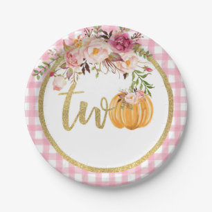 Pumpkin 2nd Birthday Paper Plate - Floral Plaid
