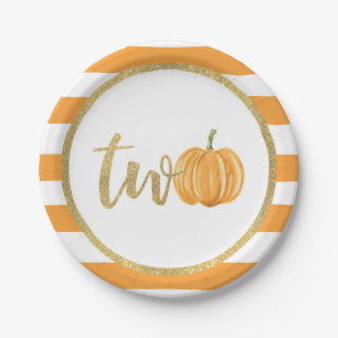 Pumpkin 2nd Birthday Paper Plate - Orange Stripes