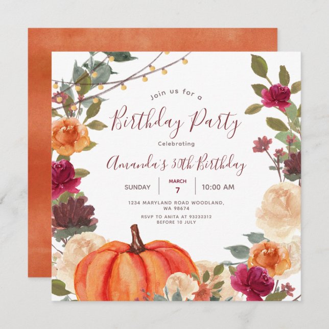 Pumpkin 30th Birthday Party Boho String Light Invitation (Front/Back)
