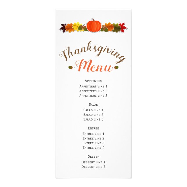 Pumpkin, acorns and fall leaves Thanksgiving menu (Front)
