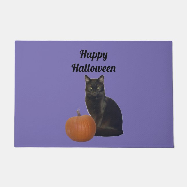 Pumpkin and Black Cat Happy Halloween Purple Doormat (Front)