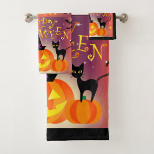 Pumpkin and Black Cats Bathroom Towel Set