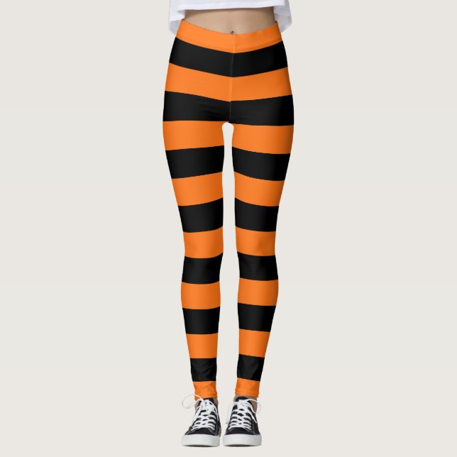 Pumpkin and Black Large Size Horizontal Stripes Leggings (Front)