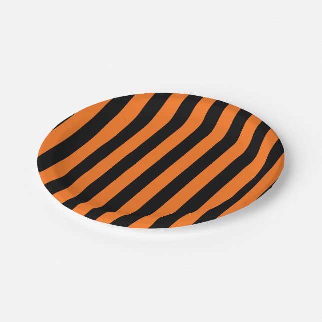 Pumpkin and Black Large Size Stripes Paper Plate (Angled)