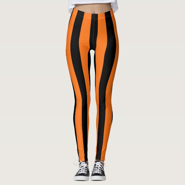 Pumpkin and Black Large Size Vertical Stripes Leggings (Front)