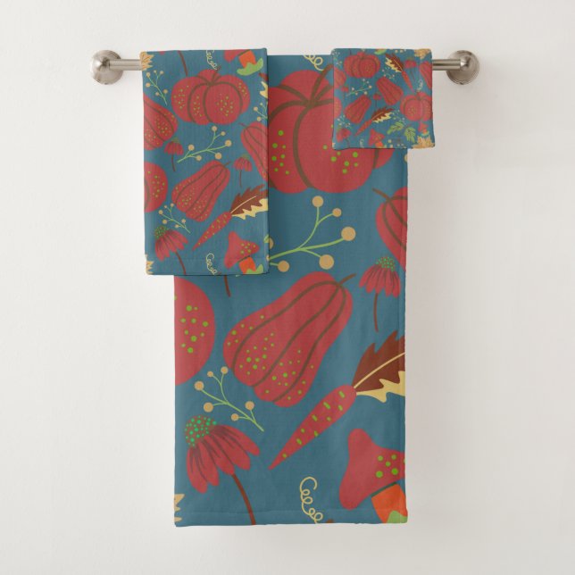 Pumpkin and carrot  seamless pattern red and blue bath towel set (Insitu)
